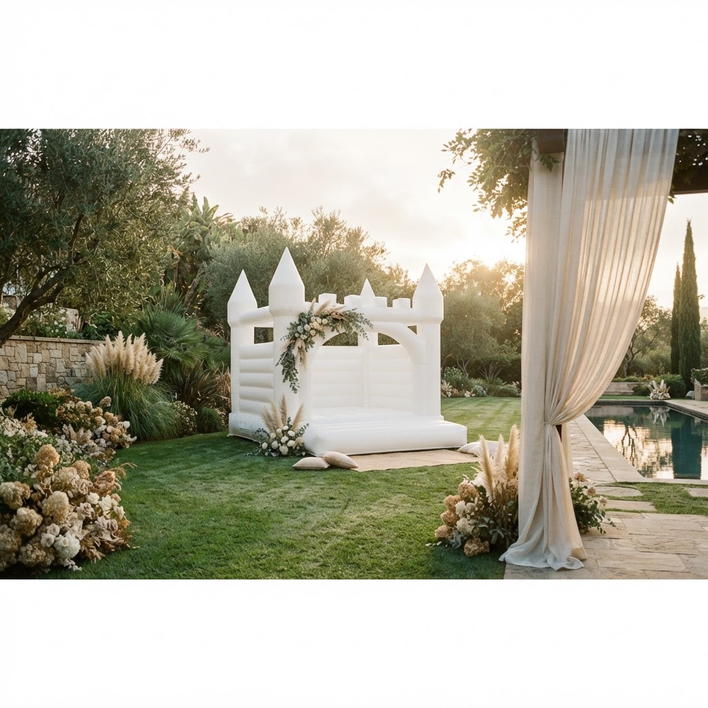 A pristine all-white boutique bounce house styled on a manicured lawn in an elegant Utah garden estate at golden hour