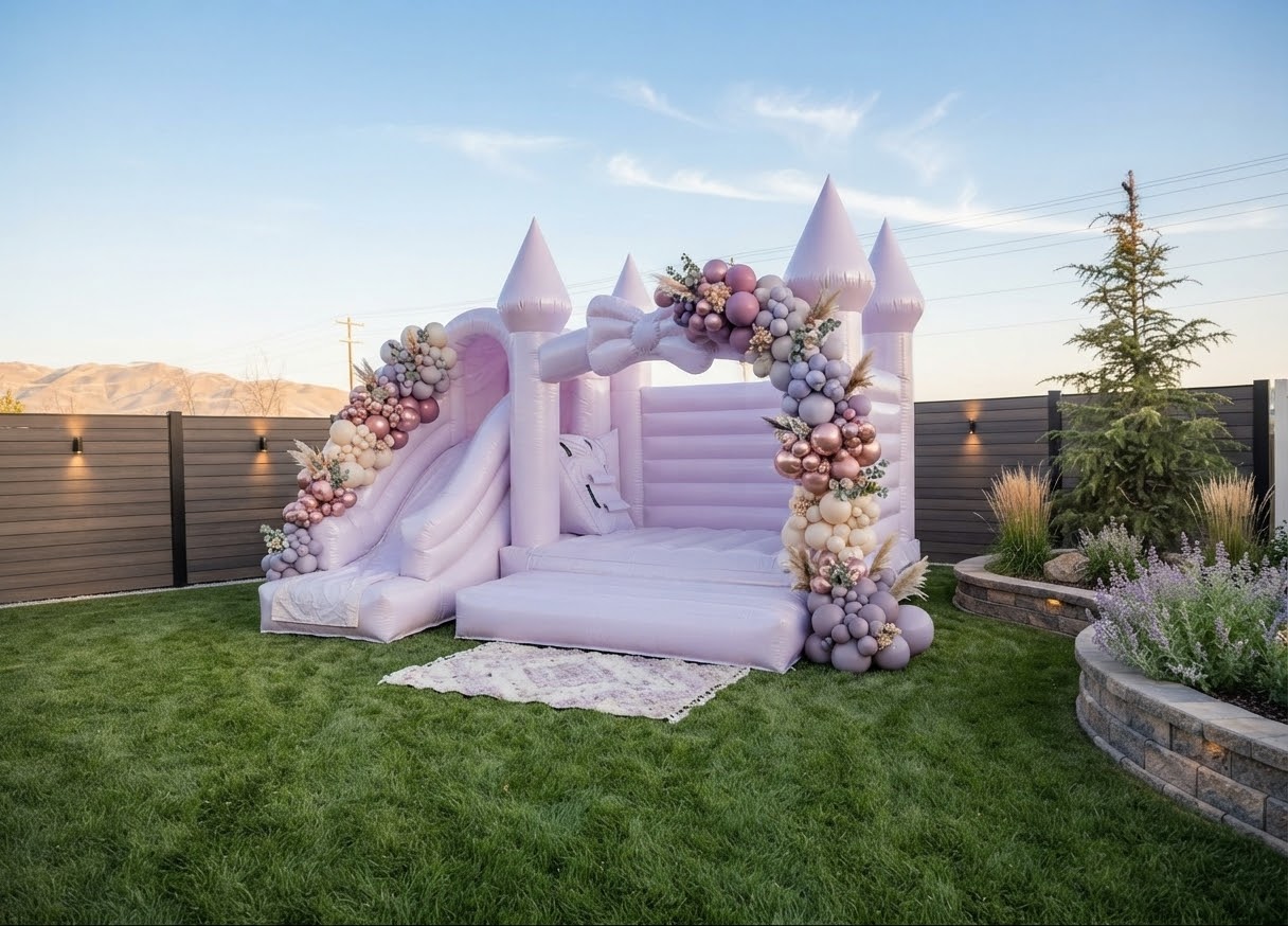 A soft lilac boutique bounce house styled on a manicured lawn