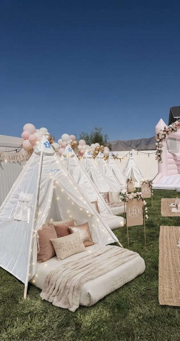 A row of white party teepee tents dressed with a blush balloon garland and string lighting